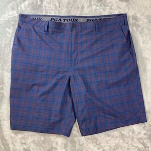 PGA Tour Golf Pants Mens 42 Plaid Blue Red Stretch Waist 4 Pocket Design